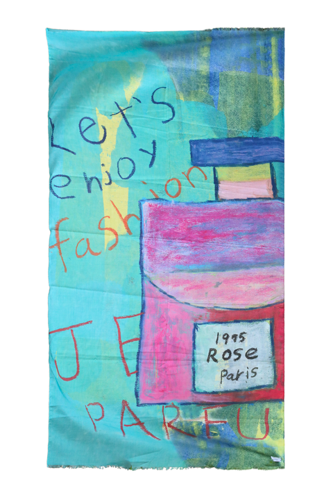 アートストール『perfume』の全体。水色の地にピンクの香水瓶と「Let's enjoy fashion」の文字